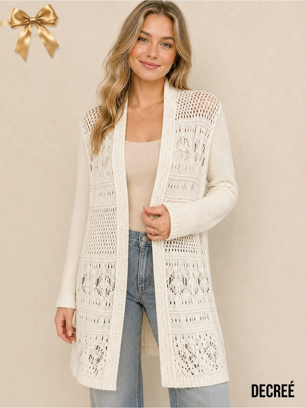 Decree Open Knit Cardigan Sweater Ivory Size Large Boho Duster